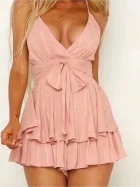 Saints + Secrets Blush Pink Wrap Front Ruffle Romper Size Small NWT